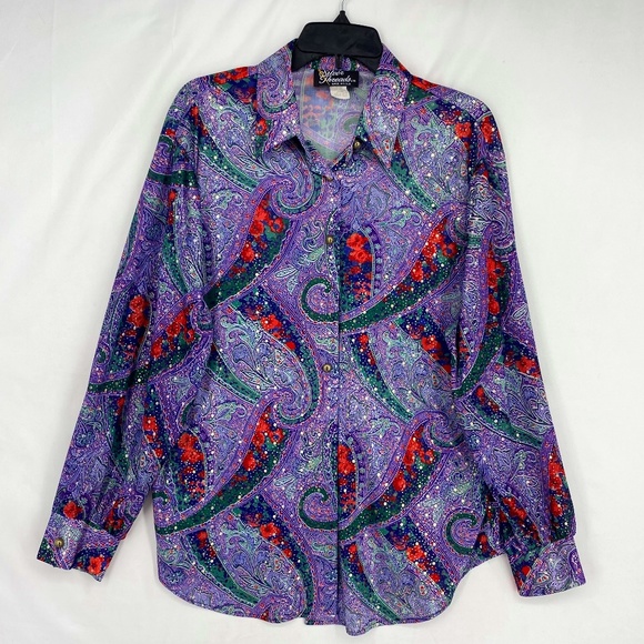 Silver Threads Womens Large Vintage Button Up Shirt Purple Red Silver Paisley LS - Picture 1 of 9